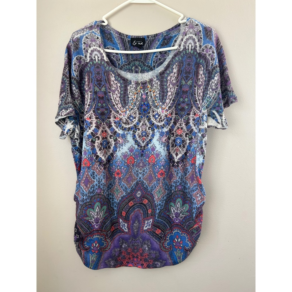 Y2K Simply Emma Women's Short‎ Sleeve Embellished Paisley Top Ruched Plus 1x